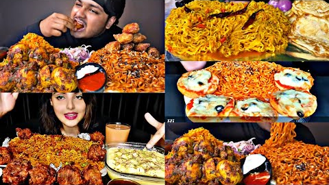 ASMR EATING SPICY MAGGIE MASALA NOODLES, CHICKEN LOLIPOP, EGGS| BEST INDIAN FOOD MUKBANG |FoodShood|