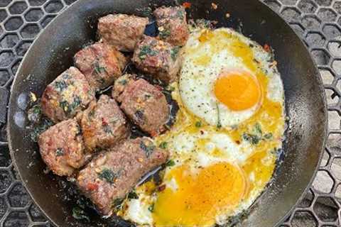 Garlic steak tips and eggs on the nomad grills