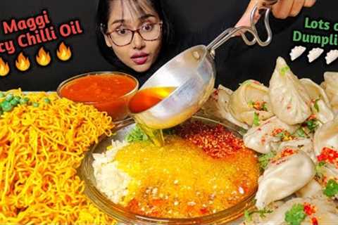 Eating Momo, Maggi with Spicy Chilli Oil | Asmr Eating | Big Bites | Mukbang | Dumplings Asmr