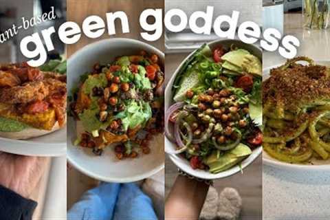 vegan green goddess dressing - four recipes | breakfast bagel, pasta, chickpea salad, loaded potato