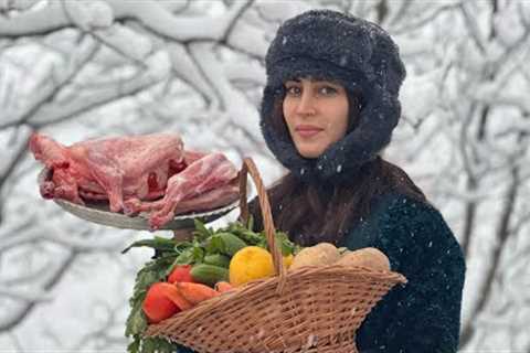 Cooking tandoori lamb with saffron and vegetables on a snowy winter day!