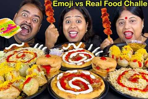 Emoji vs Real Food Challenge - Pizza, Panipuri, Burger, Noodles, Chicken Satay Eating Challenge