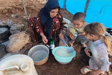 Documentary about making stuffed chicken by a nomadic woman with 3 small children in the mountains