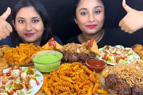 Eating Challenge😋Chowmin 🍝,Manchurian,Indian Pasta,Dahipuri,Aloo Samosa,Aloo Pakora|Big Bites😋