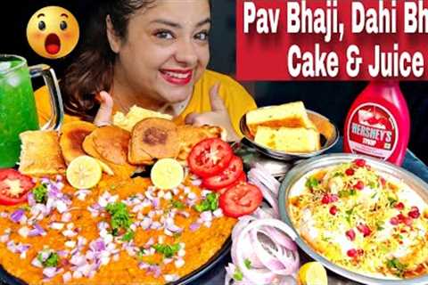 EATING PAV BHAJI, DAHI BHALLE CHAAT, CAKE, JUICE | Home Made Indian Street Food Mukbang