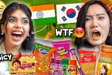 Korean 🇰🇷 tries SPICY Indian Snacks for the first time!! *Hilarious Reaction* 😂