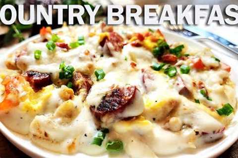 Ultimate Country Breakfast Kielbasa Skillet: Hash Browns, Scrambled Eggs and Creamy Gravy