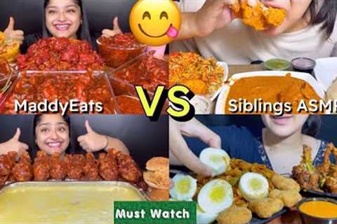 FOOD COMPILATION | ASMR EATING INDIAN FOOD | 😋🥘 MaddyEats vs Siblings ASMR | Tasty Food Video🤤😀