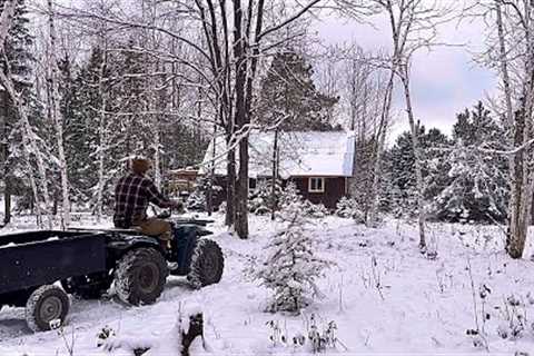 First Snowfall Of 2023 At Our Off Grid Cabin In The Woods: Firewood, Peeling Logs