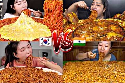 KOREAN VS INDIAN! EATING TONS OF SPICY NOODLES MUKBANG!🇰🇷🆚🇮🇳🌶️🌶️🌶️🔥🔥🔥