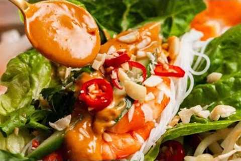 Vietnamese Prawn Lettuce Wraps with a killer peanut sauce!